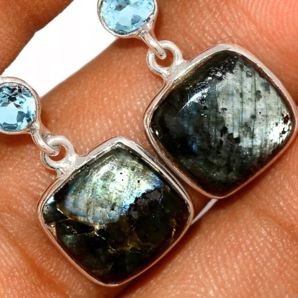 Larvikite gemstone with Blue topaz Silver earrings - Picture 2 of 2